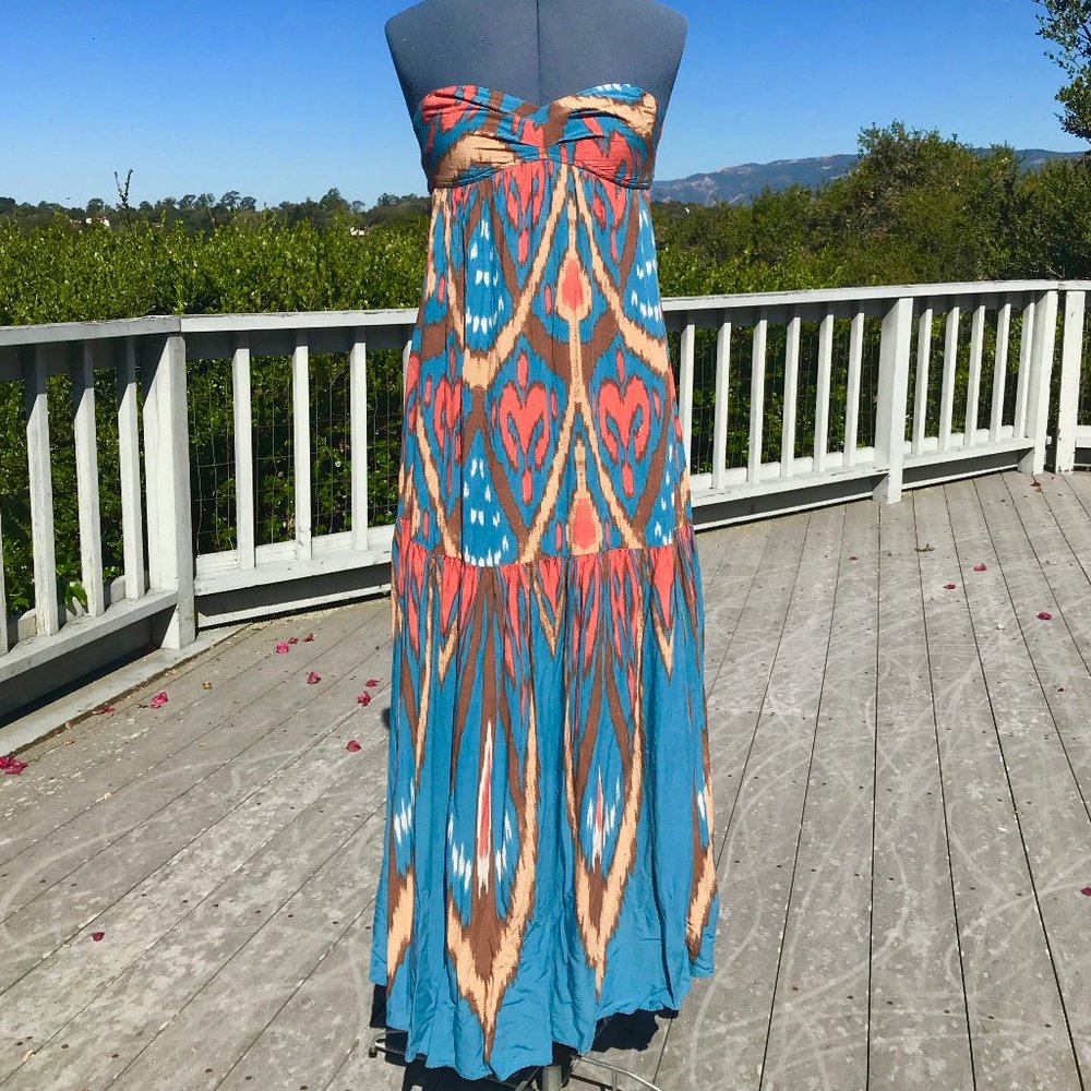 Blue Bohemian Printed Strapless Maxi Dress